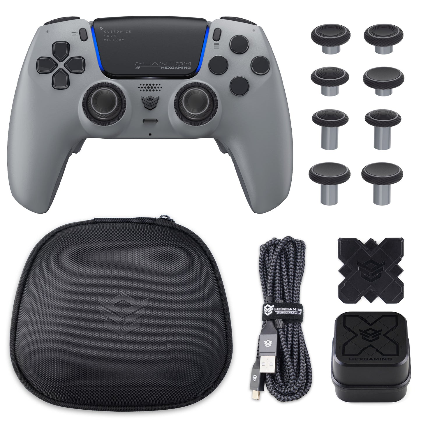 HEXGAMING PHANTOMコントローラー、調整可能なトリガー+充電ケーブル+PS5、PC、モバイル対応用キャリングバッグ付き-18種類