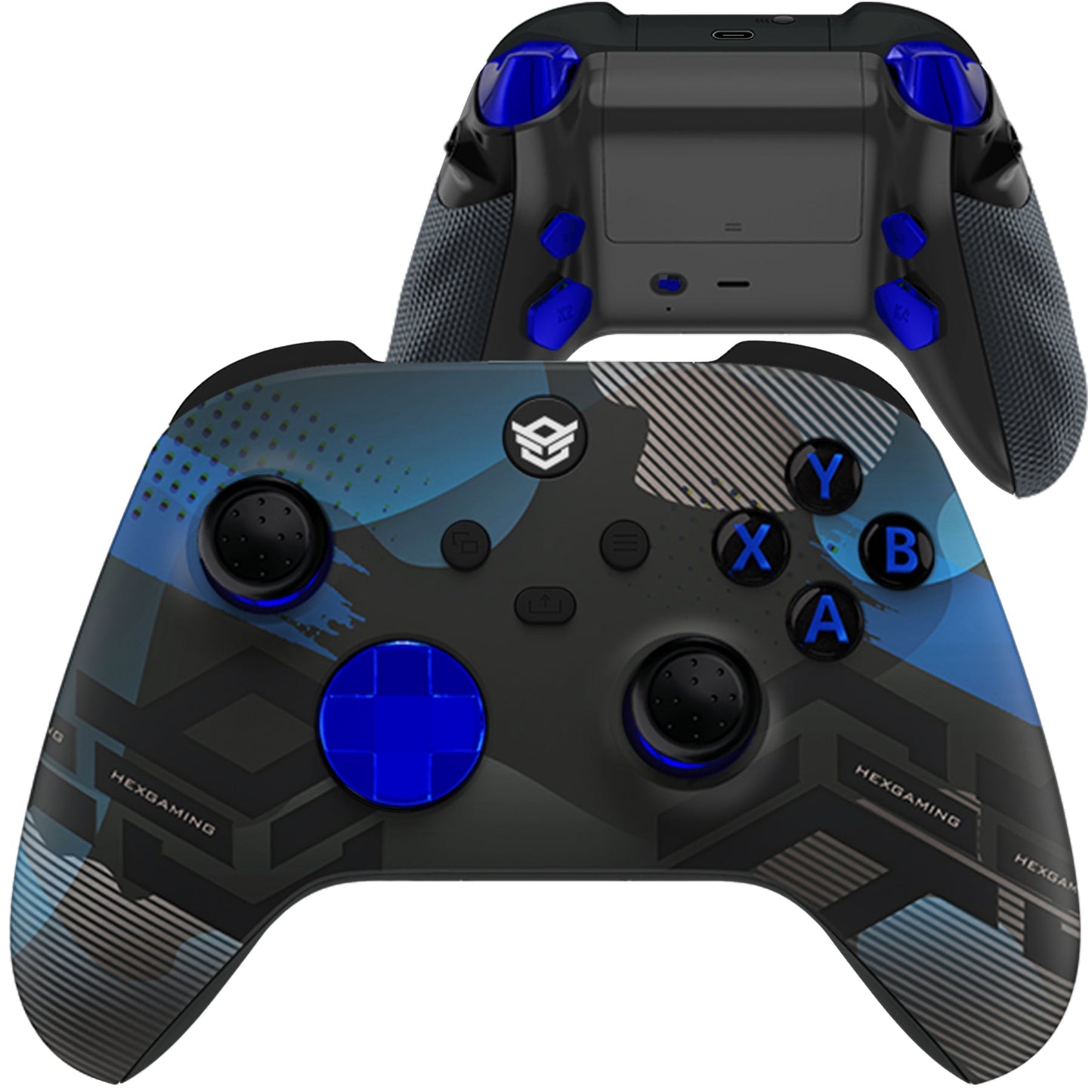 HEXGAMING ADVANCE Controller with Adjustable Triggers for XBOX, PC, Mobile- Samurai Blue ABXY Labeled